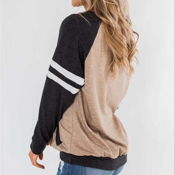 Raglan Long Sleeve Varsity‎ Striped Top Charcoal & Mocha - Picture 7 of 10